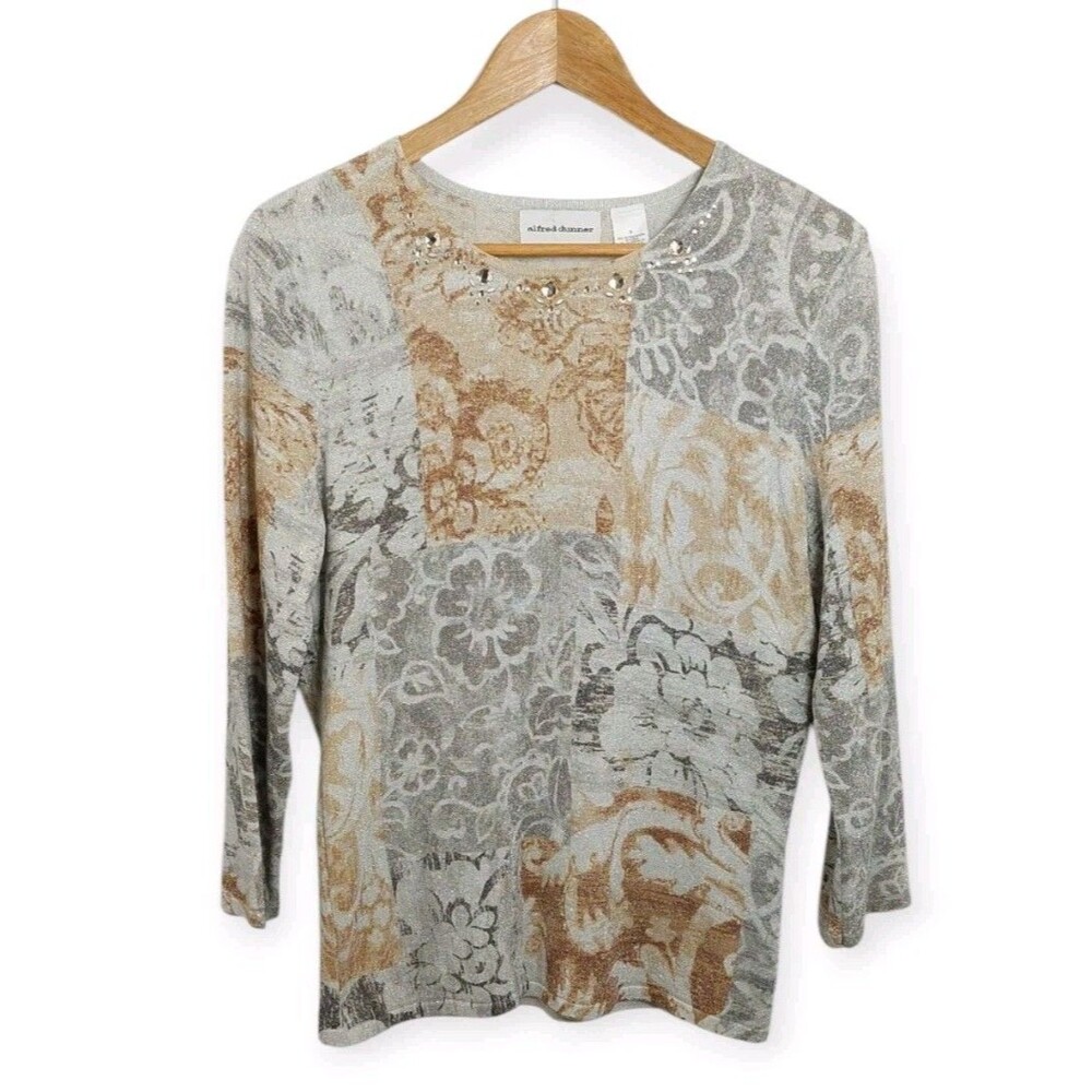 Alfred Dunner Women's Size Small Tunic Blouse Sweater Neutral Floral Patchwork